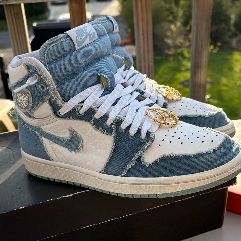 Nike High-Top Sneakers in White & Light Blue Denim